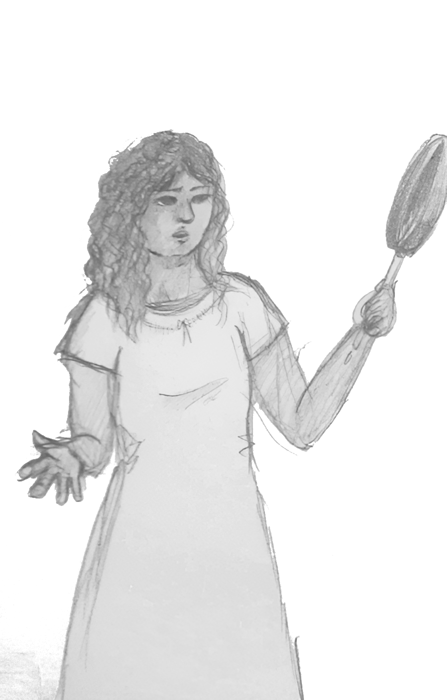 Donnie, girl in dress, holding frying pan.